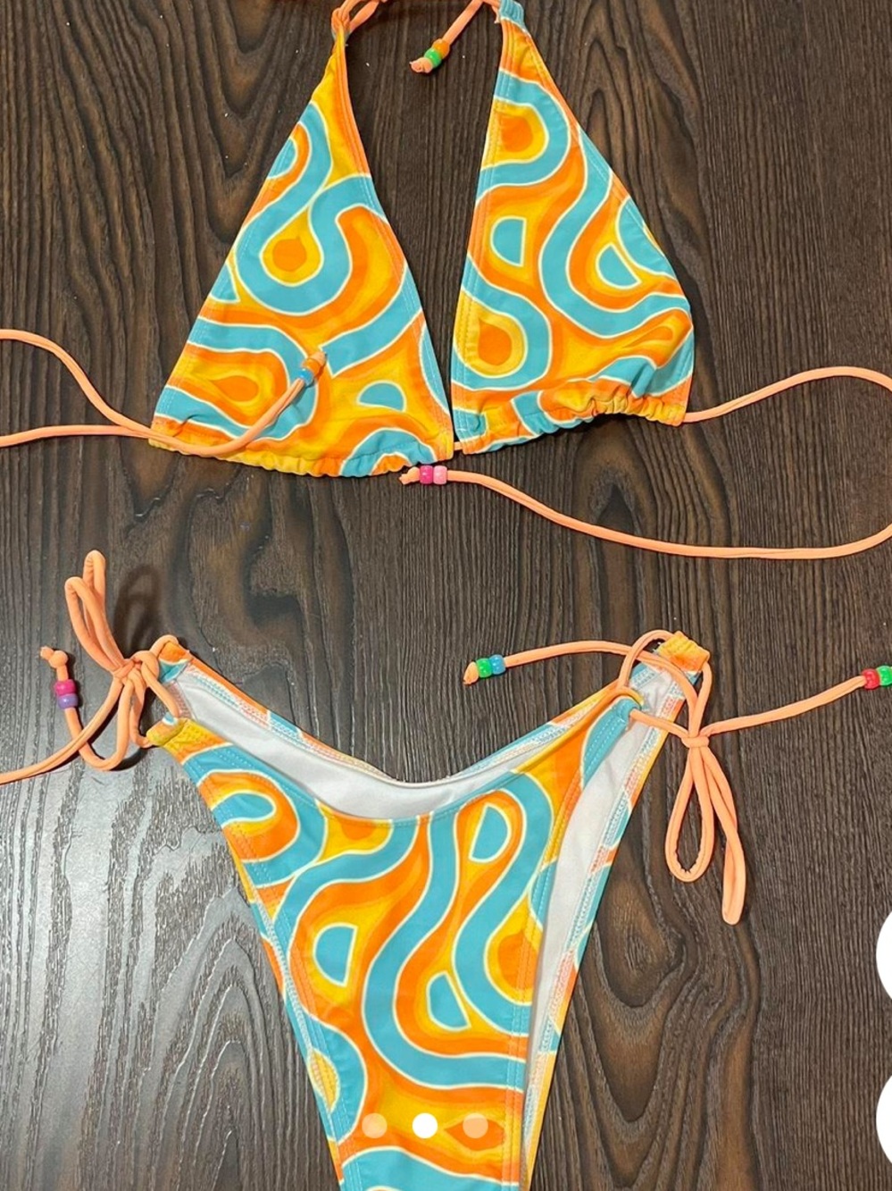 SHEIN Orange & Teal Swirl Tie-Side String Bikini